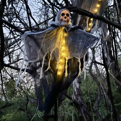 Halloween Sensenmann zum Aufhängen mit LED-Licht, gruselige Außendekoration, Skelett, fliegende Geister, Spukhaus-Requisite, Halloween-Partyzubehör