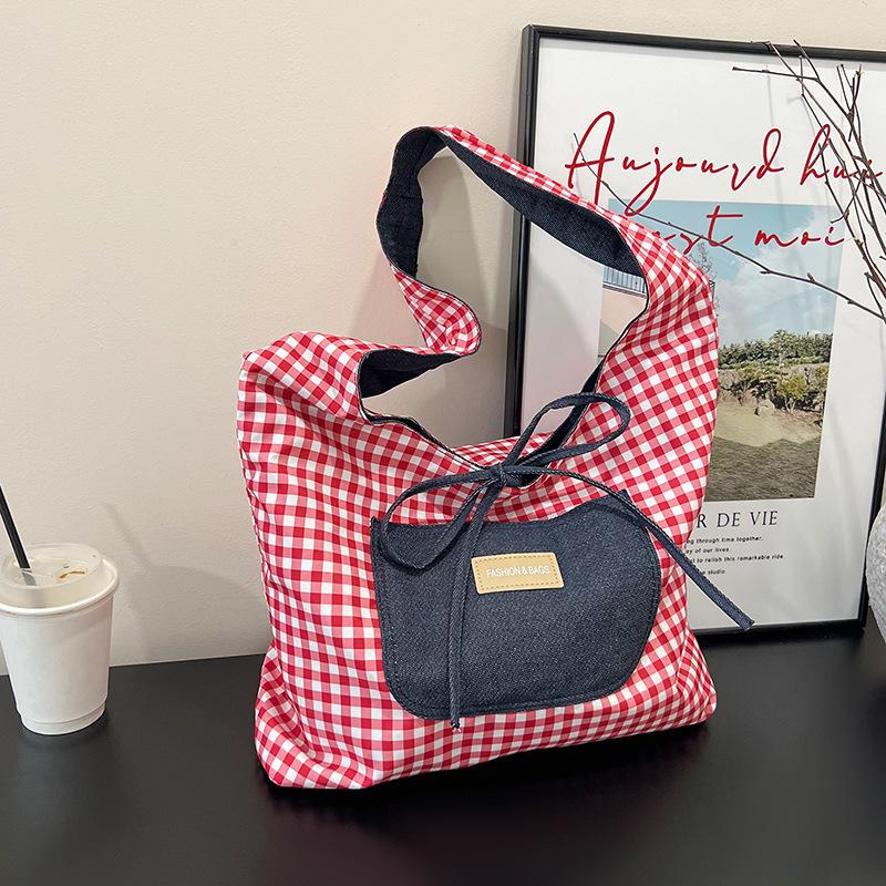 Casual commuter big bag women's 2025 new double-sided denim single shoulder underarm tote bag large capacity plaid bag