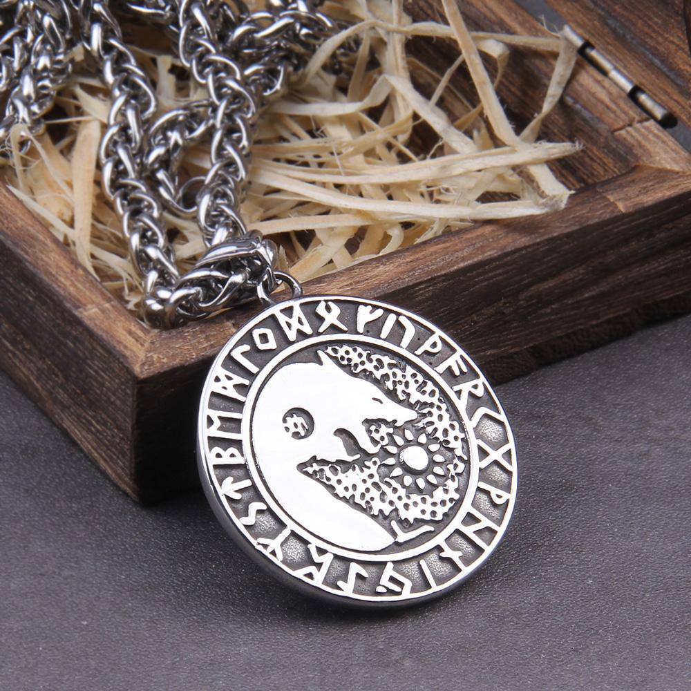 Men 316L Stainless Steel Viking Odin Wolf Rune Necklace with Gift Bag Wooden Box