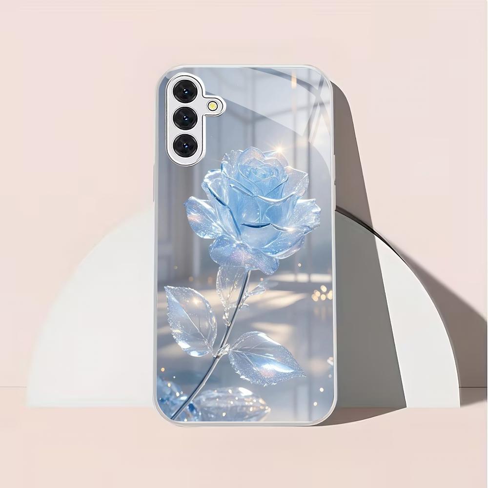 Blue Ice Rose Metallic Glass Phone Case Suitable for Samsung Galaxy S26 S25 S24 S22 S21 S20 FE/Ultra/Plus Anti Drop Rear Cover