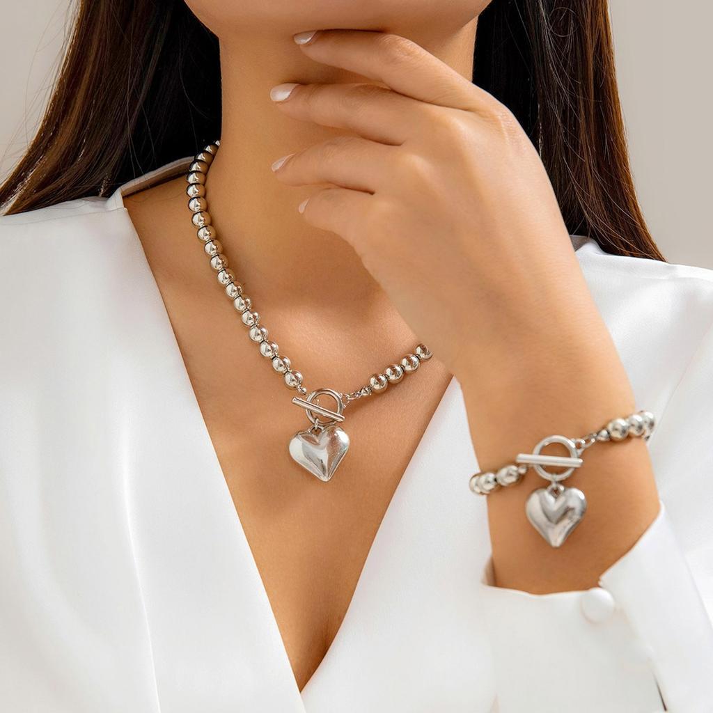 Simple Gold Color Ball Bead Chain Necklace Bracelet Heart Pendant Jewelry Set Elegant Beaded Accessory for Women