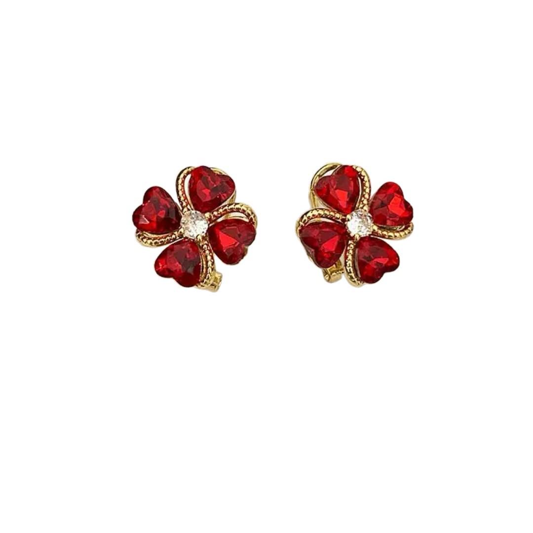 

Exquisite Red Four-Leaf Flower Zircon Ear Cuffs - Perfect for New Year Celebrations