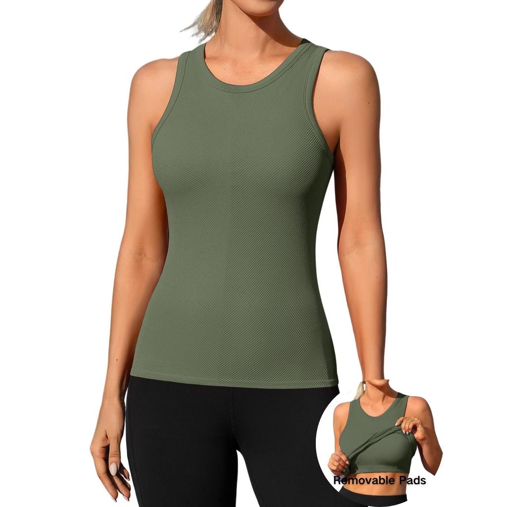 CHARMLEAKS Workout Tank Tops for Women Seamless Full Length Gym Tops Athletic Yoga Top Built In Bra