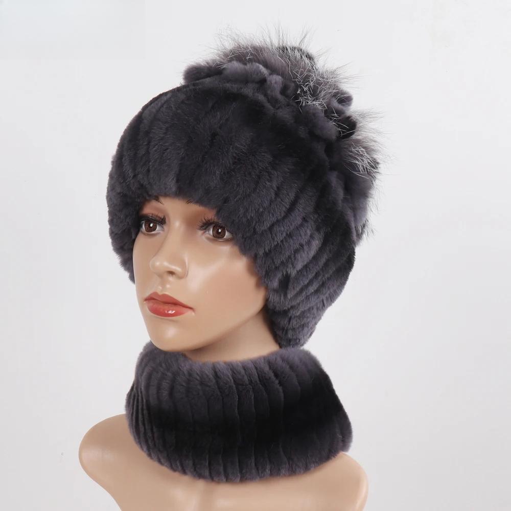 Knitted Women Warm Rex Rabbit Fur Hat Scarf Sets Winter Natural Rex Rabbit Fur Cap Scarves Russia Lady Fur Hats Muffler 2 Pieces