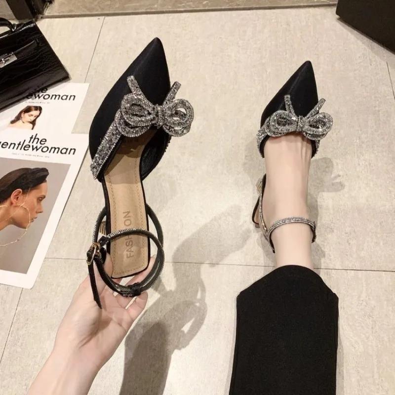 

Женские летние туфли 2024 года, новые женские туфли на высоком каблуке со стразами и бантом, туфли на шпильках, женские туфли-лодочки с острым носком, босоножки на высоком каблуке