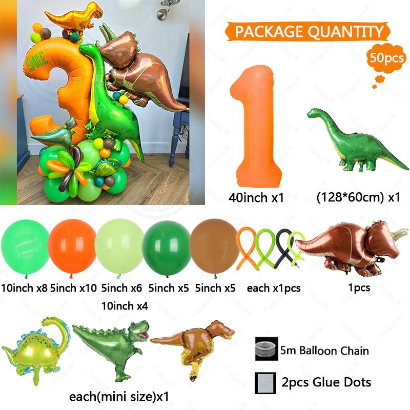 Green Jungle Animal Dinosaur Digital Set for Boys' Birthday Party Decoration Orange Number Colum Tyrannosaurus Rex Balloon Gift