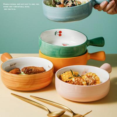 Nordic Ins Cartoon Ceramic Belt Handle Salad Bowl Home  Baking  Creative Cute Bubble Noodle  Rice  Wind Tableware