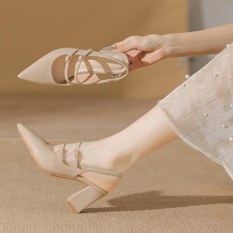 Nude high heels female pointed new autumn patent leather back empty temperament single shoes fairy thick heel summer sandals