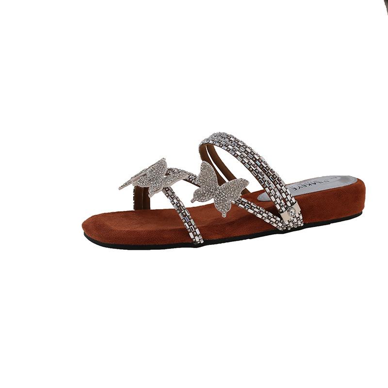 

Two wear rhinestone butterfly sandals women s 2025 new summer wear Internet celebrity fairy wind slope heel beach cool slippers 40 коричневый