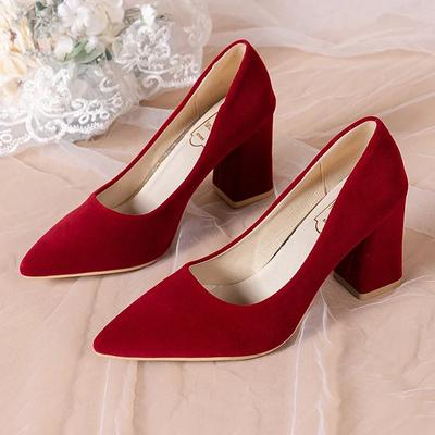5CM French Red Wedding Shoes for Women Spring/Summer/Autumn New Pointed Thick Heels Not Tiring Feet Bride Shoes