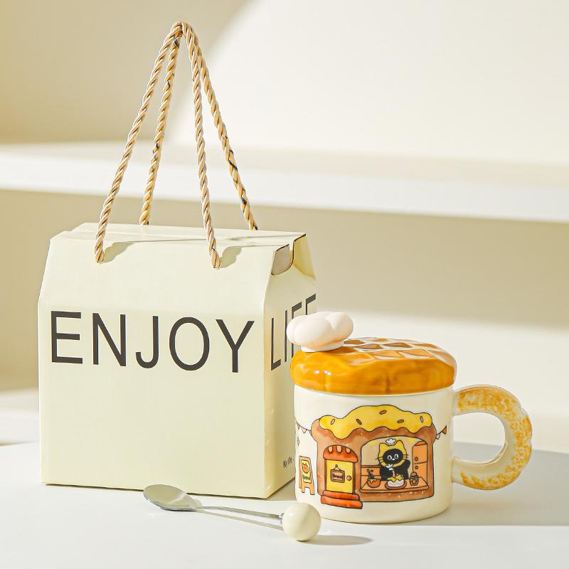 Korean Creative Bread Mug Cartoon Cat Ceramic Cup with Lid Household Water Cup Birthday Gift Souvenir