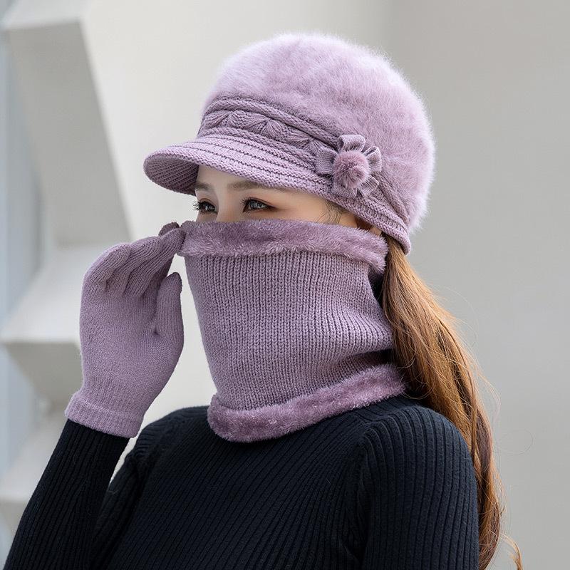 Women's Winter Rabbit Hair Knitted Hat, Snood, and Gloves Set - Fleece-Lined, Cold-Proof, Warm Wool for Middle-Aged and Elderly Moms