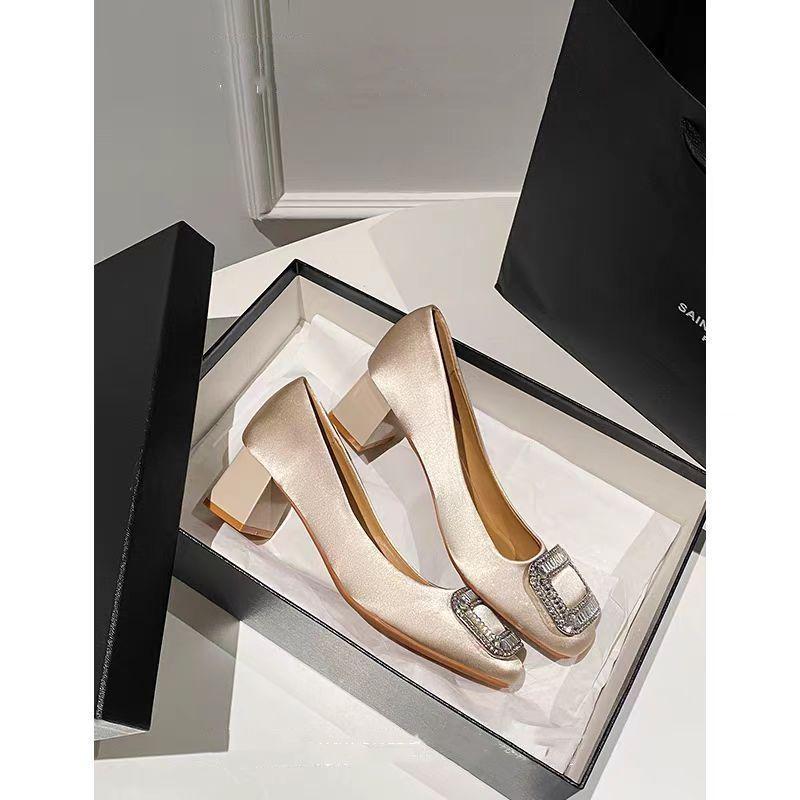 Women's 2025 Spring/Autumn Square Toe Rhinestone High Heels with French Satin Buckle