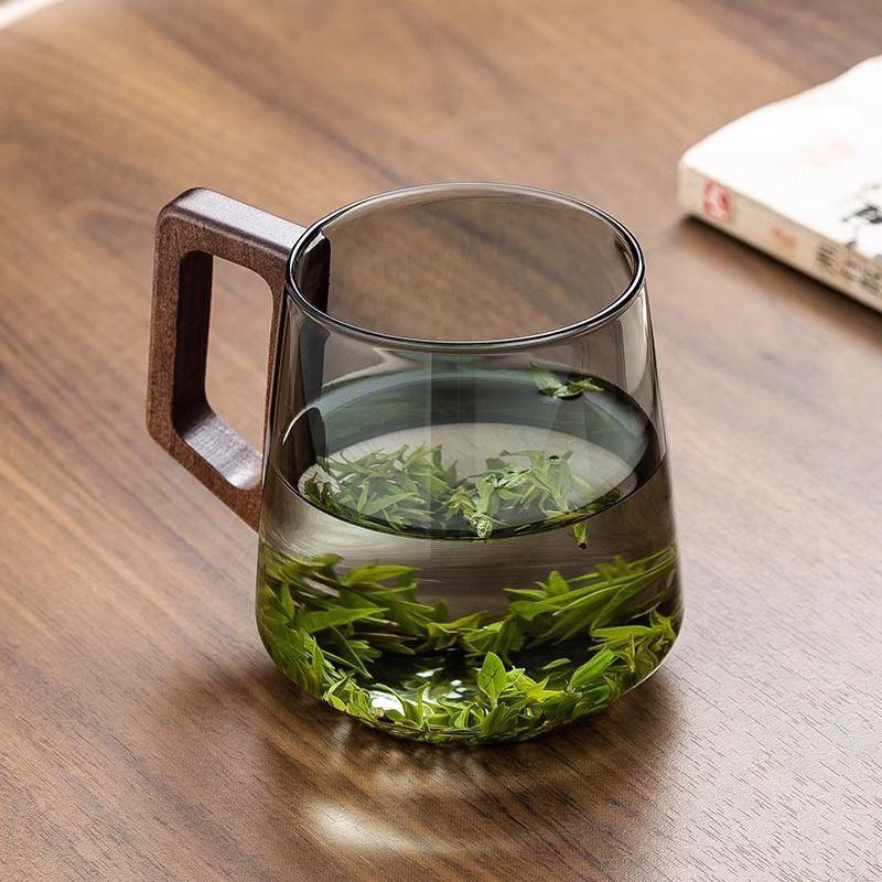 High-Temperature Resistant Glass Tea Cup with Walnut Handle, Perfect for Home or Office Use