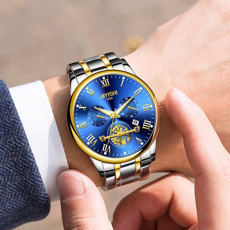 

Чоловічі модні корейські годинники AIYISHI: Водонепроникний, світловий календар, сталевий пояс (1622 рік) Steel-Gold синій