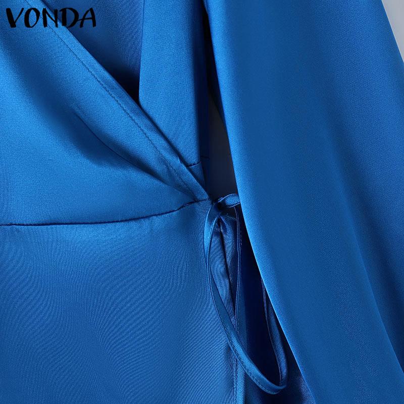 VONDA Women Autumn V-Neck Lantern Long Sleeve Dresses