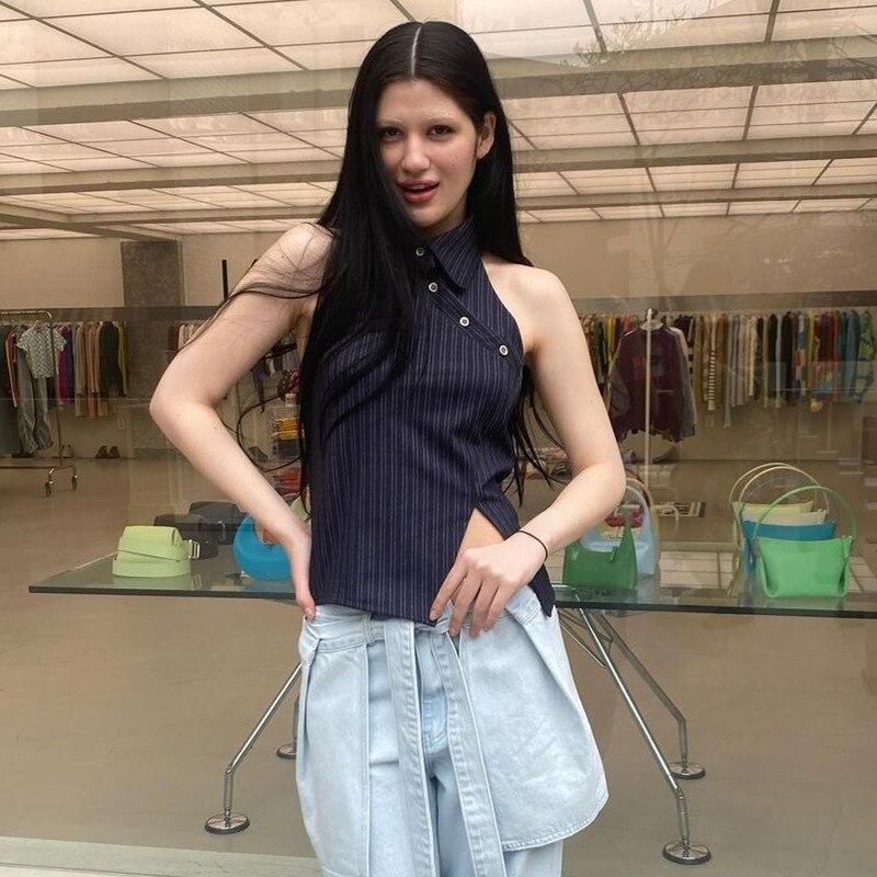 2023 Letní sexy tílka Y2k Tričko Streetwear Halter pro ženy Nepravidelná halenka s diagonální sponou, vesta, párty pro mládež 24819