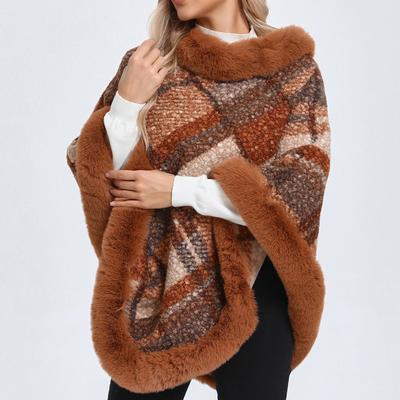 Large Fur Collar Classic Plaid Cape-women's Medium-length Head Covering Shawl Fall and Winter New Warm Fashion