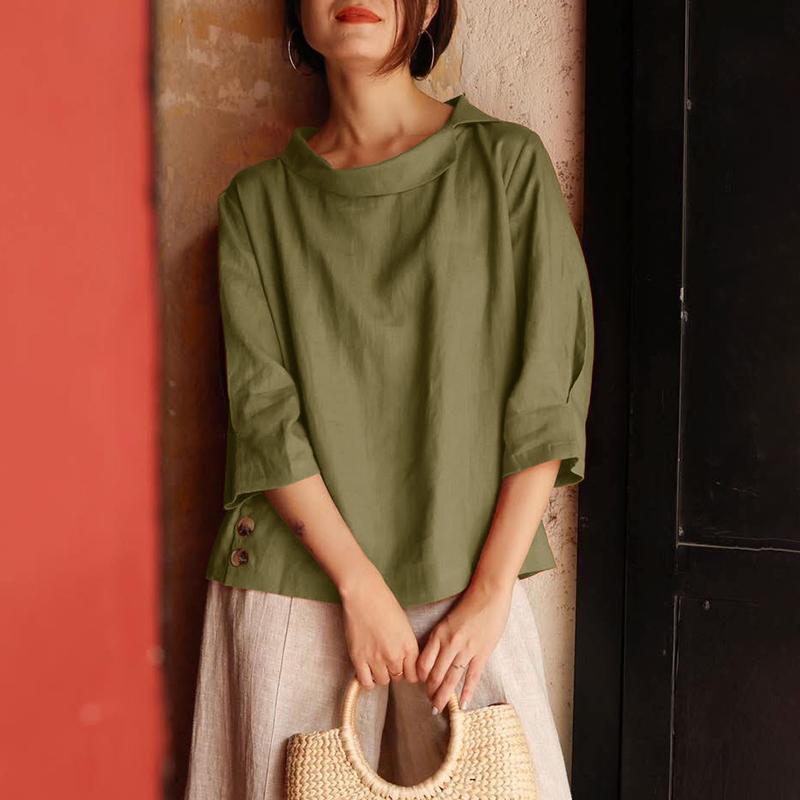 ZANZEA Women Casual Round Neck Solid Color Loose 3/4 Sleeve Blouse