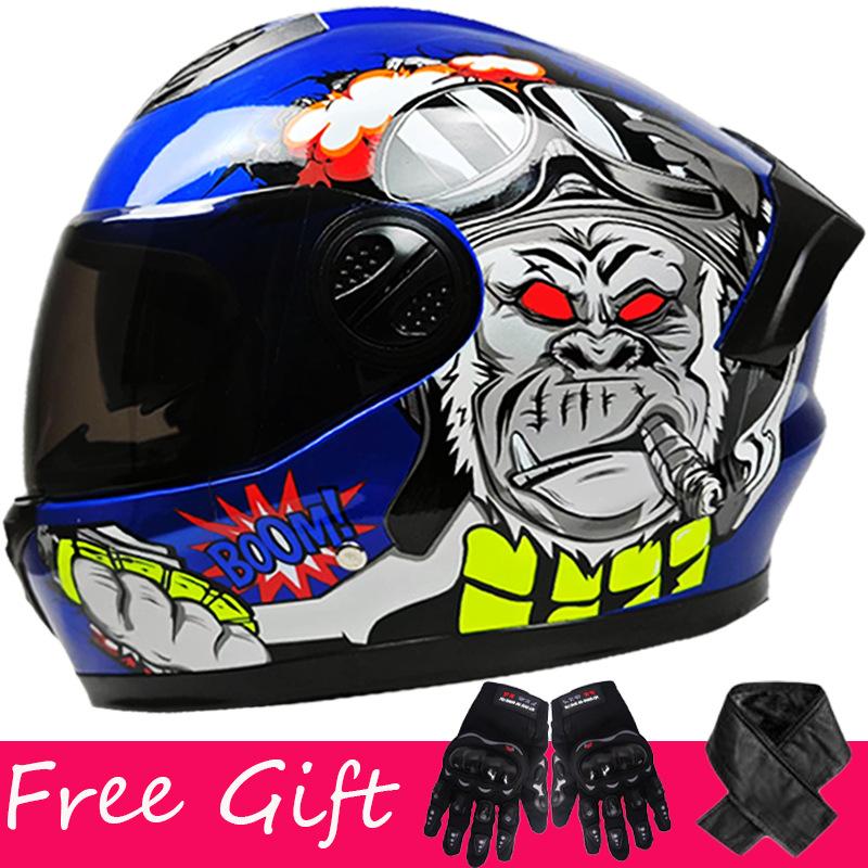 Gloves + Scarf, Double Lens Full-coverage Helmet for Men and Women Riding Four-season Safety Helmet