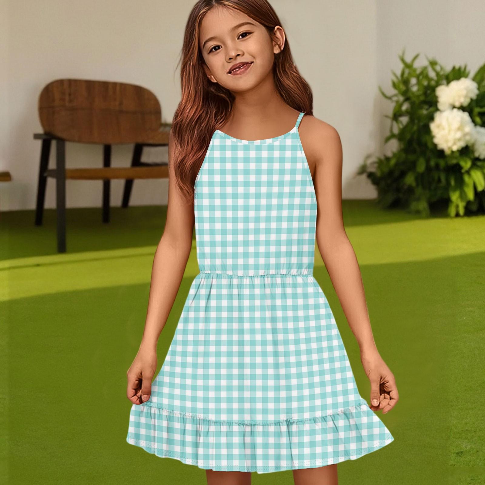 

Children s Summer Casual Fashion Round Neck Color Sleeveless Dress 160 ціан