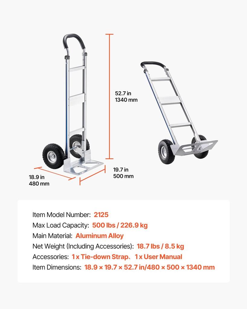 Hand Truck, 226.9 kg Load Capacity, Heavy-Duty Hand Truck Dolly with Non-Slip Wheels & Handle, Aluminum Alloy Portable Trolley Dolly with Tie-down