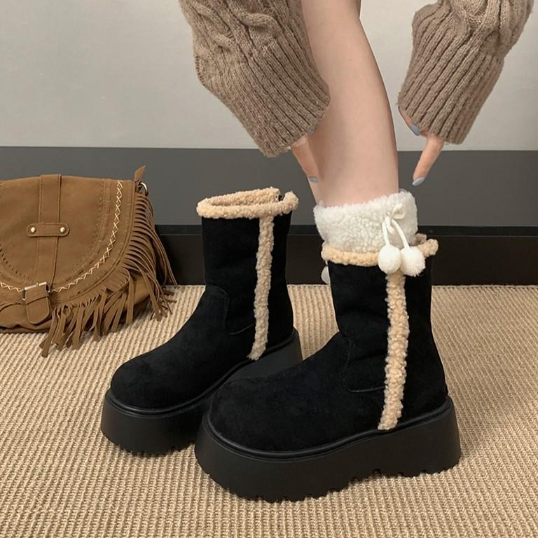 

Black retro versatile platform snow boots women s new winter warm velvet cotton shoes 40
