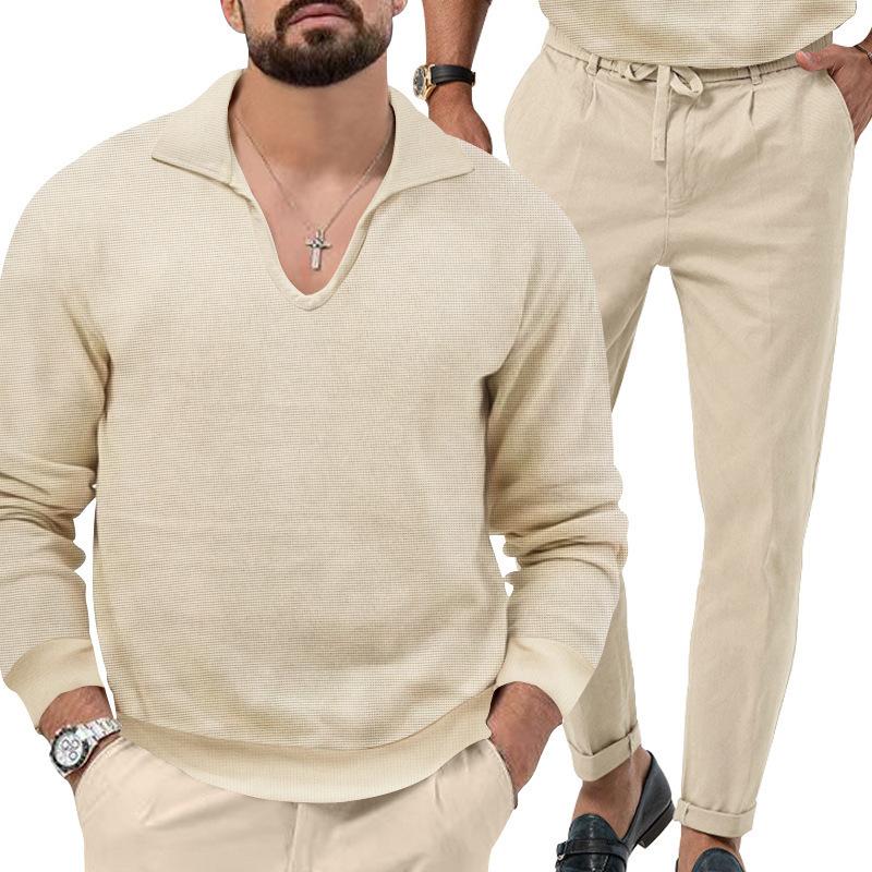 Autumn/Winter New Arrival: Men's Waffle Weave Casual Long-Sleeved Top and Trousers Two-Piece Set