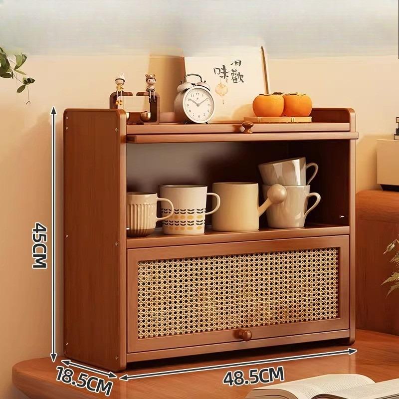 Armário de Armazenamento de Cozinha com Portas Decorativas em Rattan Sintético, Mini Armário de Armazenamento de Bancada de Bambu com Prateleira Organizadora com Porta Basculante, 1 peça