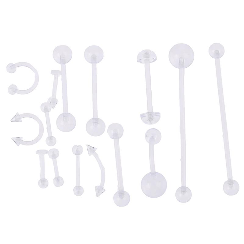 15Pcs Clear Belly Ring Earring Lip Ring Tongue Barbell Nipple Bar Body Piercing