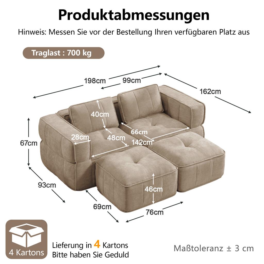 Modular Two-Seater Sofa with Two Stools, Without Struts, 32D High-Density Foam, Deep Seat, Soft Fabric, Ideal for Living Room and Apartment, Sand.