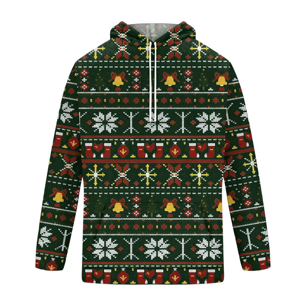 Men's Casual Loose Fit Hooded Sweatshirt with Christmas Print and Large Pockets