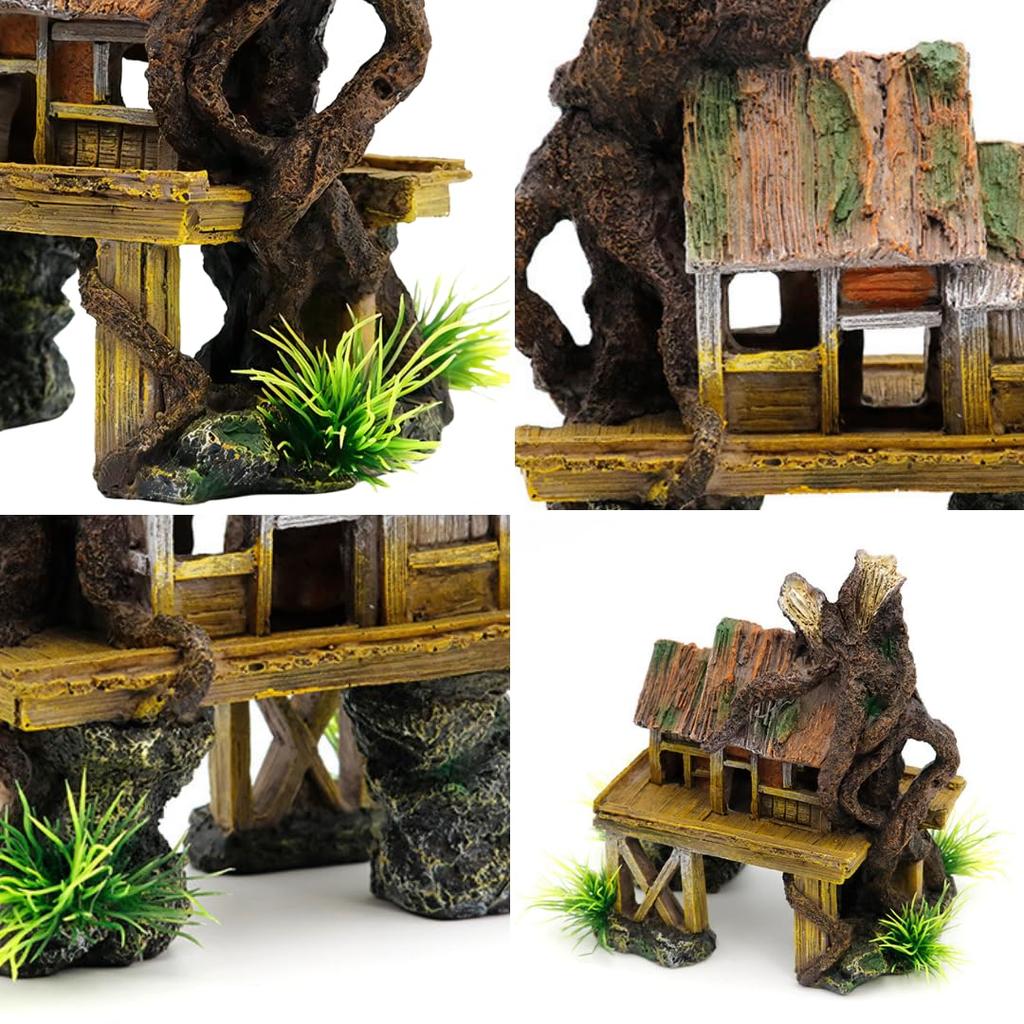 Charmoon Aquarium Fish Tank Object Treehouse House Tree Hideout Shelter Stylish Model Figurine Ornament (Wood)