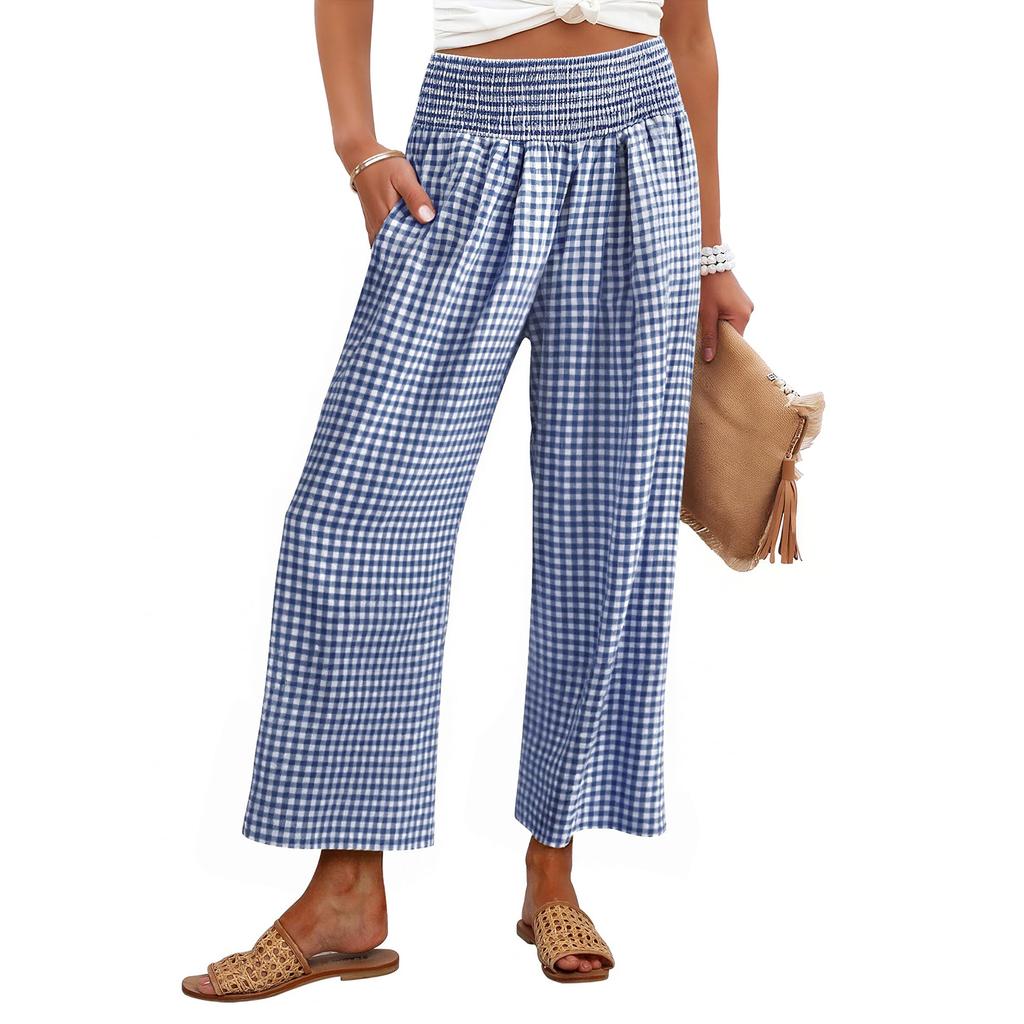 Women's Fashion Loose Pleated Elastic Waist Pocket Checkered Casual /10 Pants