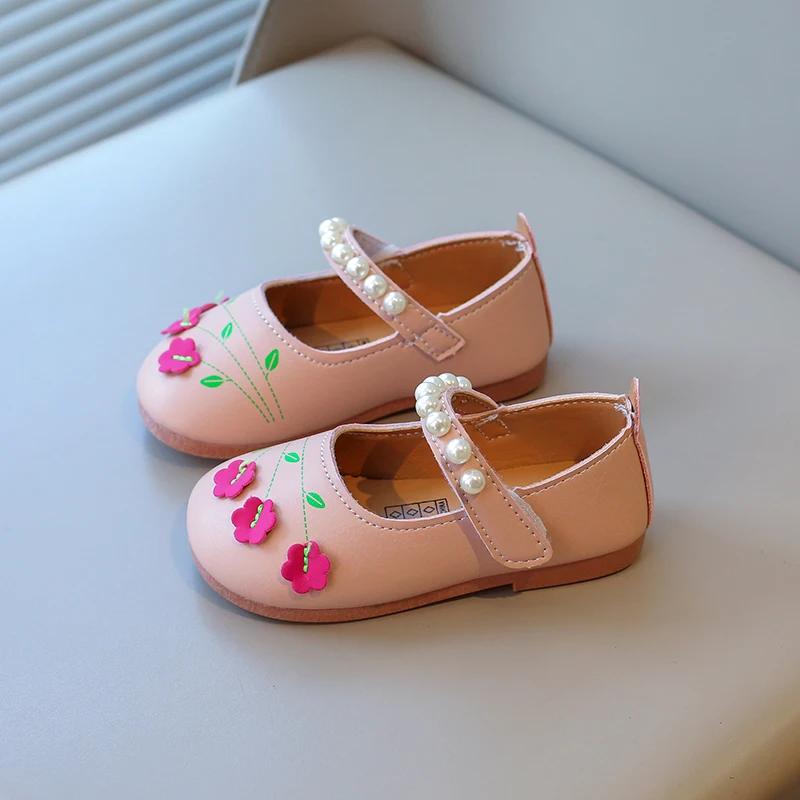 

Toddlers Girls Casual Shoes Floral Kids Leather Shoes with Pearls Beading Princess Sweet 2025 Brand New Embroidery Flowers Flats 21 розовый