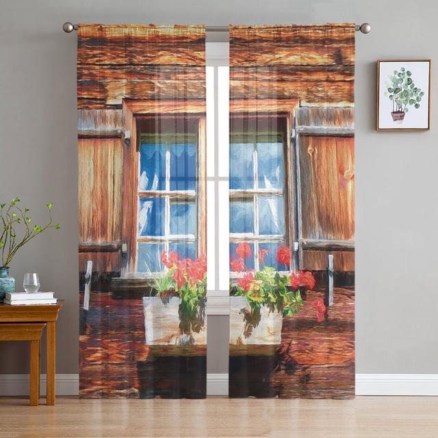 Braune Holztür Stein Ziegel Retro durchsichtige Fenstervorhänge für Wohnzimmer Küche Kinder Schlafzimmer Tüll Voile Hängevorhang
