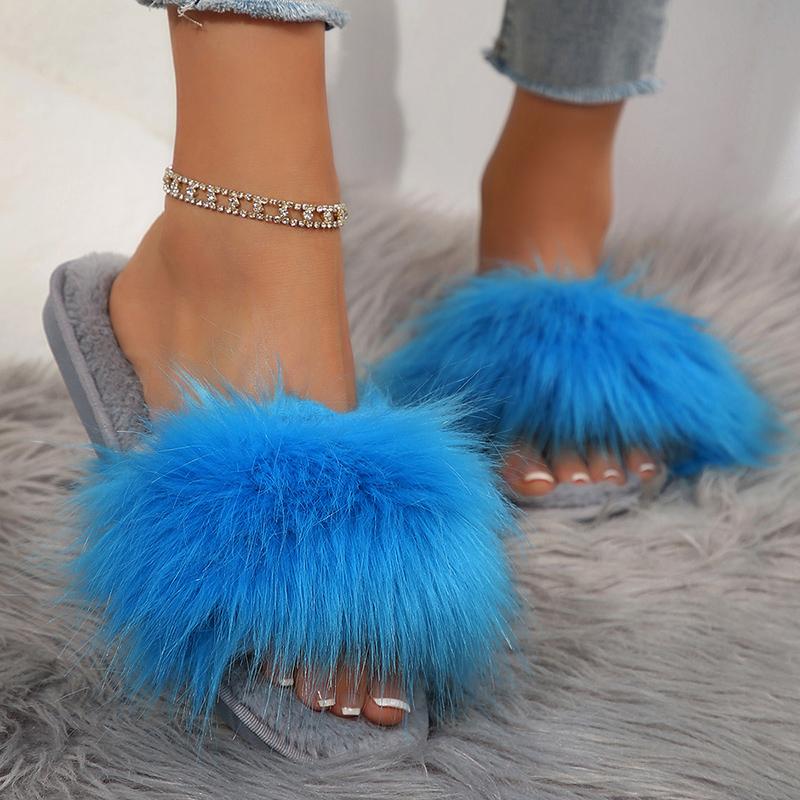 Fashion Winter Fluffy Plush Home Slippers for Women Solid Color Open Toe Flat Fur Slides Woman Comfortable Warm Indoor Bedroom Slippers