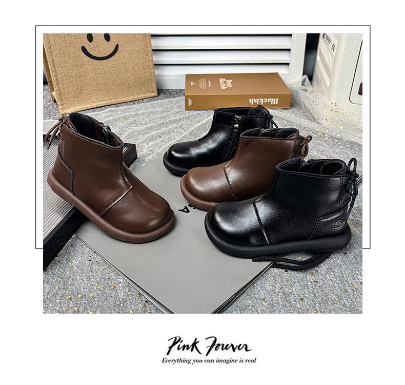 Girls' Black Martin Short Boots with Velvet - 2025 Autumn/Winter Edition Leather Princess Shoes