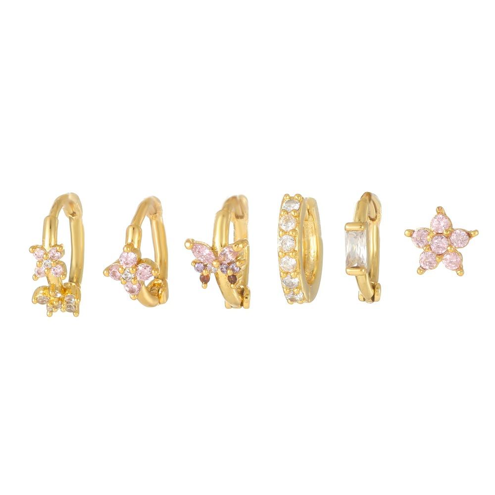 6Pcs Copper Flower Butterfly Earrings Hook Piercing Crystal Ear Studs Zircon Earring Set  Ladies