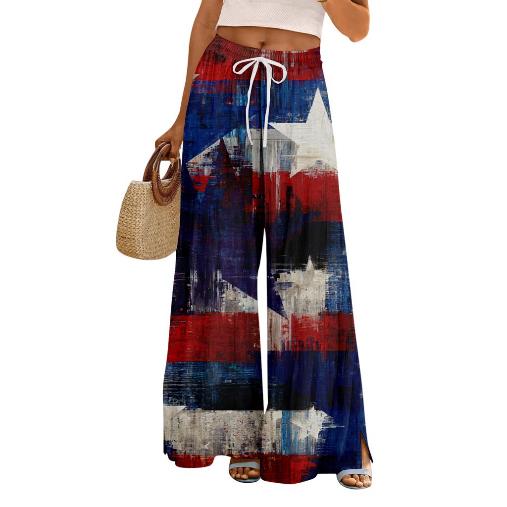 Women Summer Boho Palazzo Pants High Waist Wide Leg Floral Printing Casual Trousers With Pockets