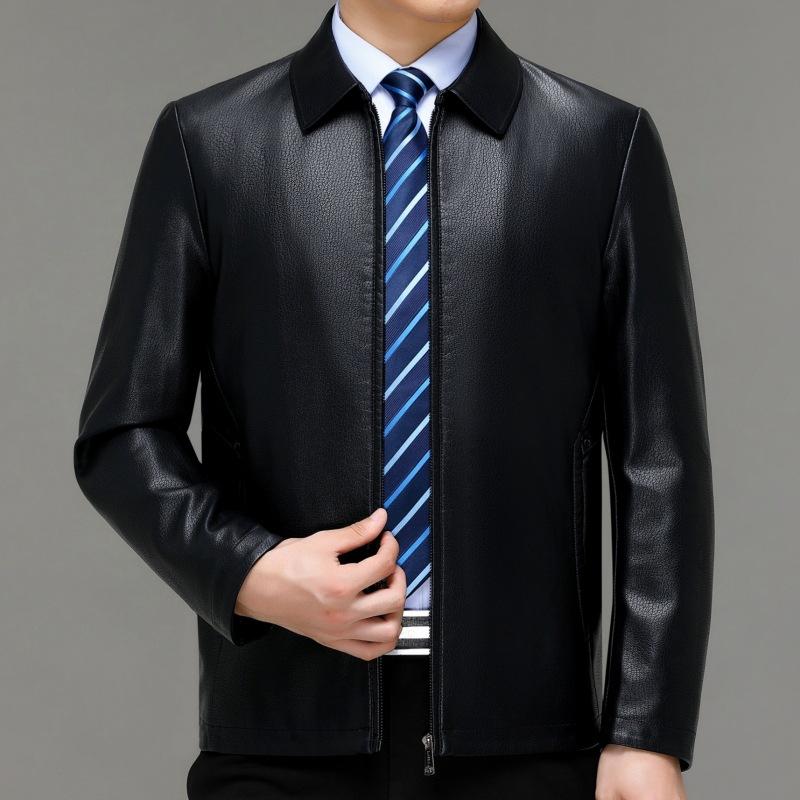 Genuine Leather Jacket Men's Autumn Velvet Lapel Business Casual Leather Top Middle-aged Dad Thin Leather Jacket