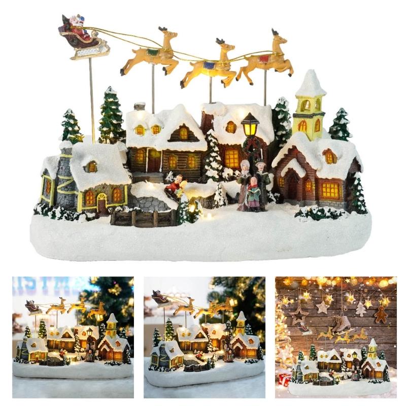 Musical Light Up Reindeer Christmas Ornament Resin Village House Festival Table Decoration For Living Room Bedroom