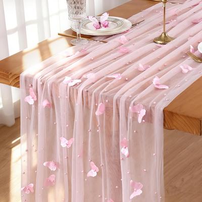 10FT Pearl Pink Tulle Table Runner with 3D Butterflies |   Seasonal Sheer Table Runner Made Of Mesh Lace, Suitable For Weddings, Bridal Showers