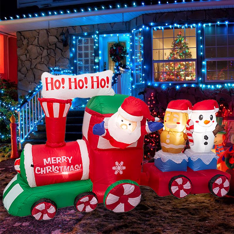 LED Light-up Christmas Inflatable Train with Santa, Snowman & Gingerbread Man Yard Decoration US Standard