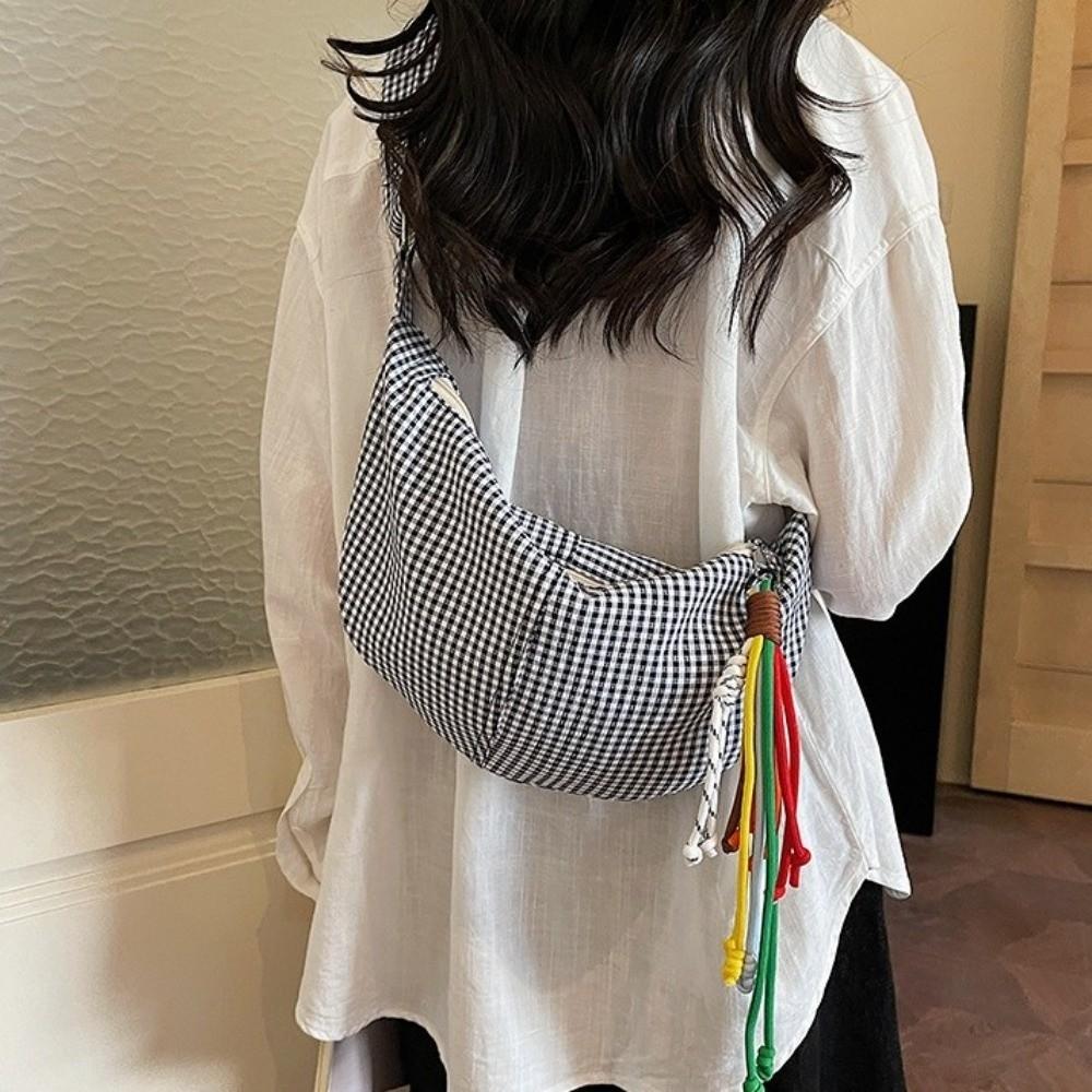 Large Capacity Dumpling Bag Zipper Crossbody Bag Simple Plaid Shoulder Bag  Daily