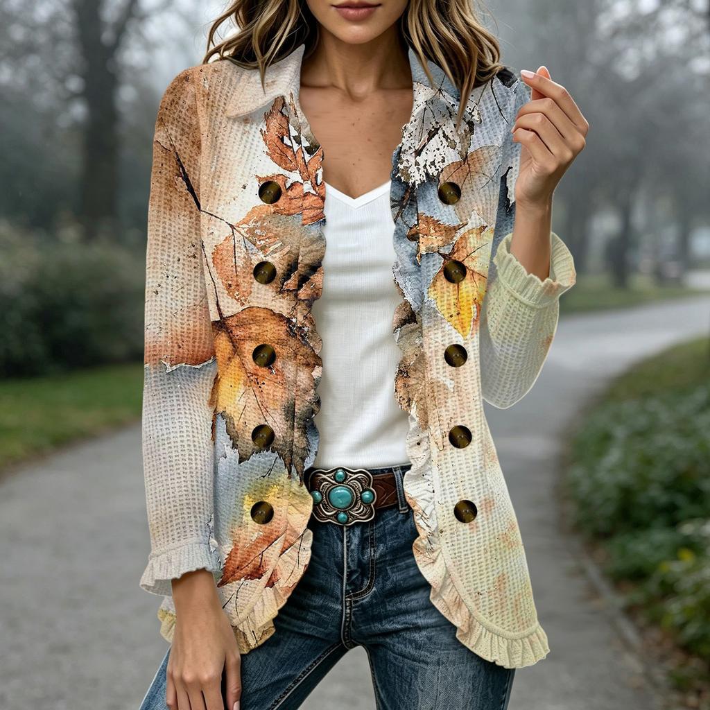 Women's Fashion Floral Print Long Sleeve Ruffle Open Front Cardigan for Casual Wear