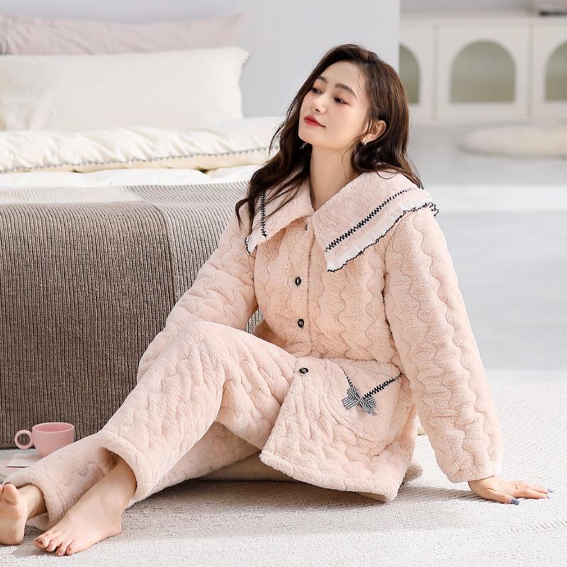 

Flannel Pajamas Winter Women S Three-Layer Padded Jacket Thickened Warm Coral Fleece Can Be Worn Outside Loungewear 3XL