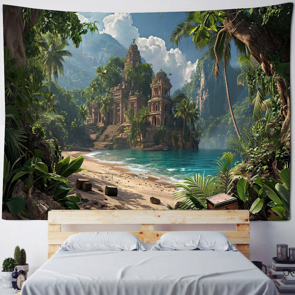 Schöne Küstenlandschaft Wandteppich Hängend Traumhafter Schloss-Wandteppich Haus Schlafzimmer Hängendes Tuch, Strand Picknickmatte Yogamatten