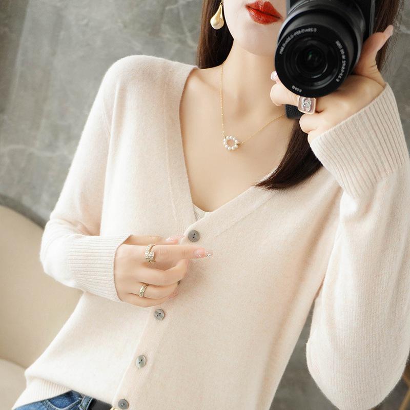 Women's V-neck Knitted Cardigan - Long-Sleeve All-Season Outerwear Sweater