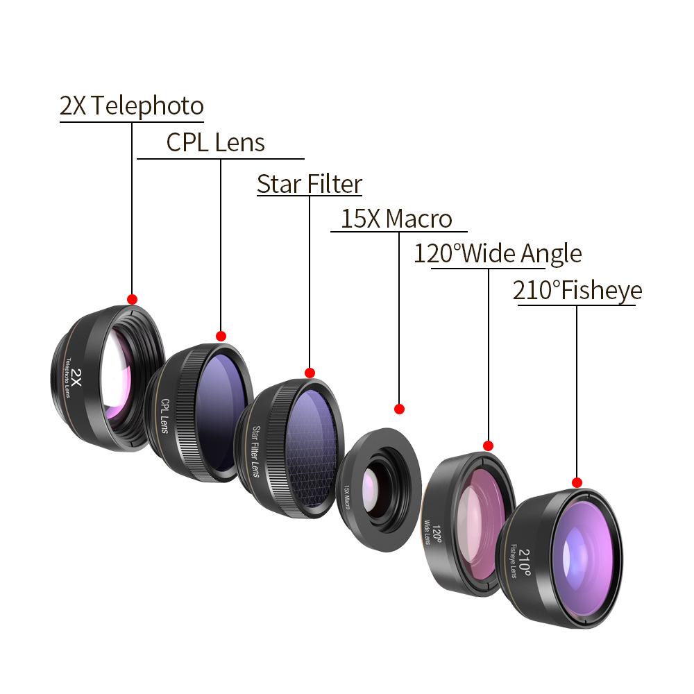 Universal 6-in-1 Mobile Lens Set: Fisheye, Wide-angle, Macro, Telephoto, Polarizing, Starlight.